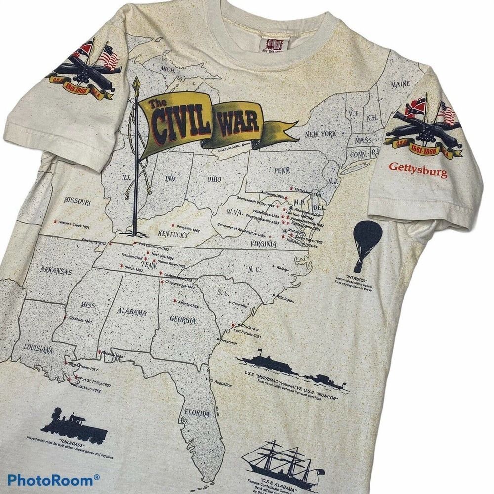 Vintage All Over Print T Shirt Large 90's Civil War Map USA MADE RARE History